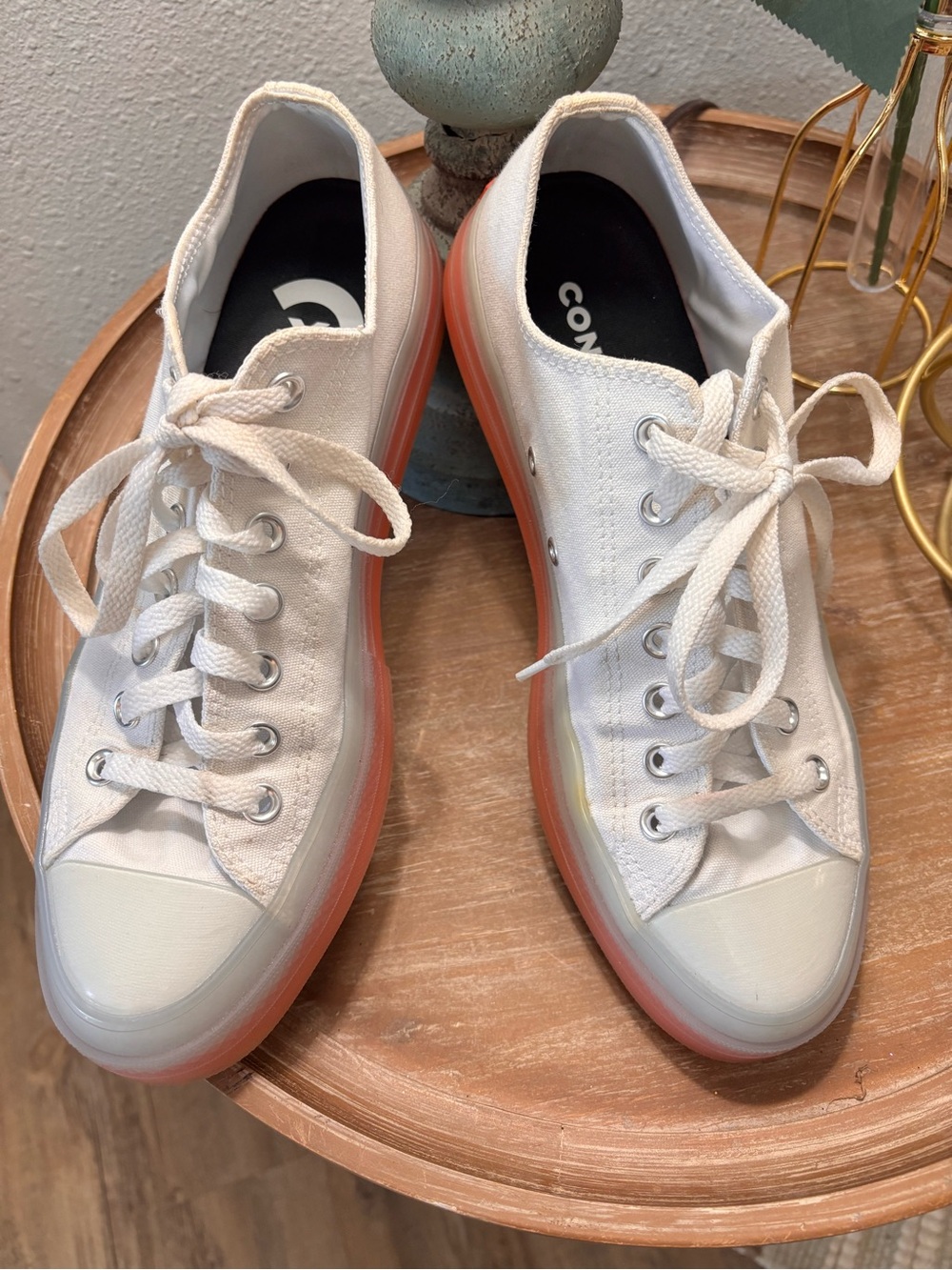 Converse White Canvas Low-Top Sneakers with Coral-Gradient Sole
